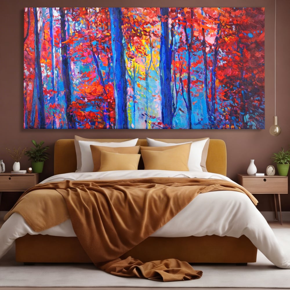 Tablou canvas cu pictura in ulei cu padure de toamna, fara rama, pe sasiu de lemn, pe perete intr-un dormitor